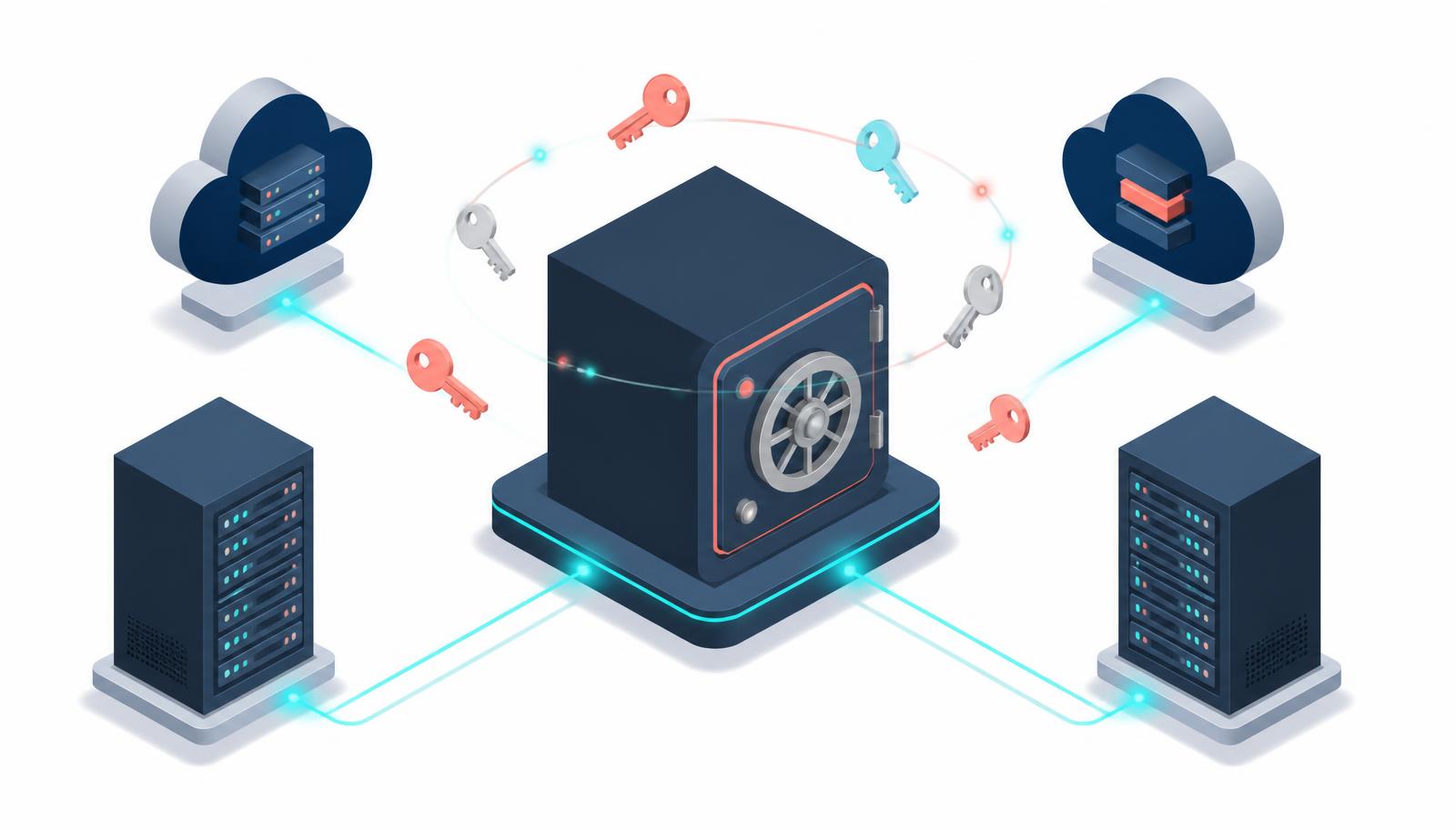 Isometrische illustratie van een centrale sleutelkluis verbonden met cloud- en serveromgevingen