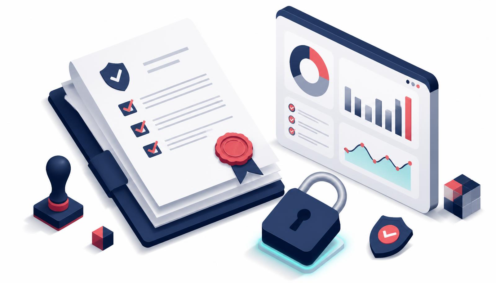Isometrische illustratie van compliancedocumenten met zegel, auditdashboard en slot